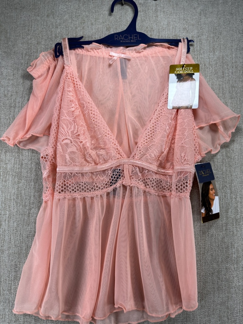 NWT Rachel Roy Blush Pink Lace Mesh Soft Cup CamiDoll Babydoll XL